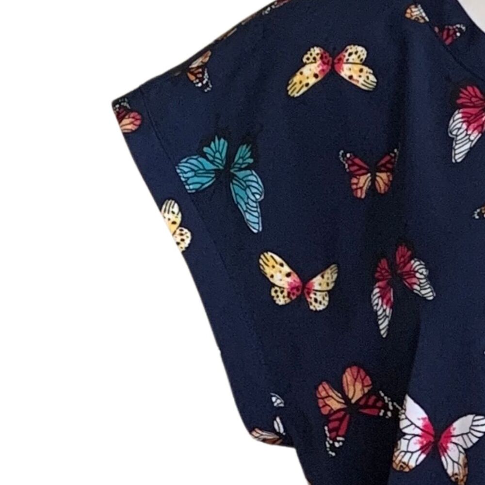 Abercrombie & Fitch Butterfly Print Blouse Size M Navy Short Sleeve Keyhole Back - Picture 4 of 11